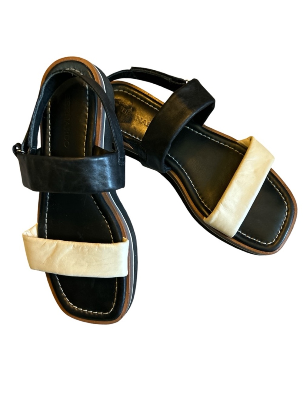 Anthropologie Bernardo Amber Stompy Sandals, Black and Cream Leather, Size 9.5